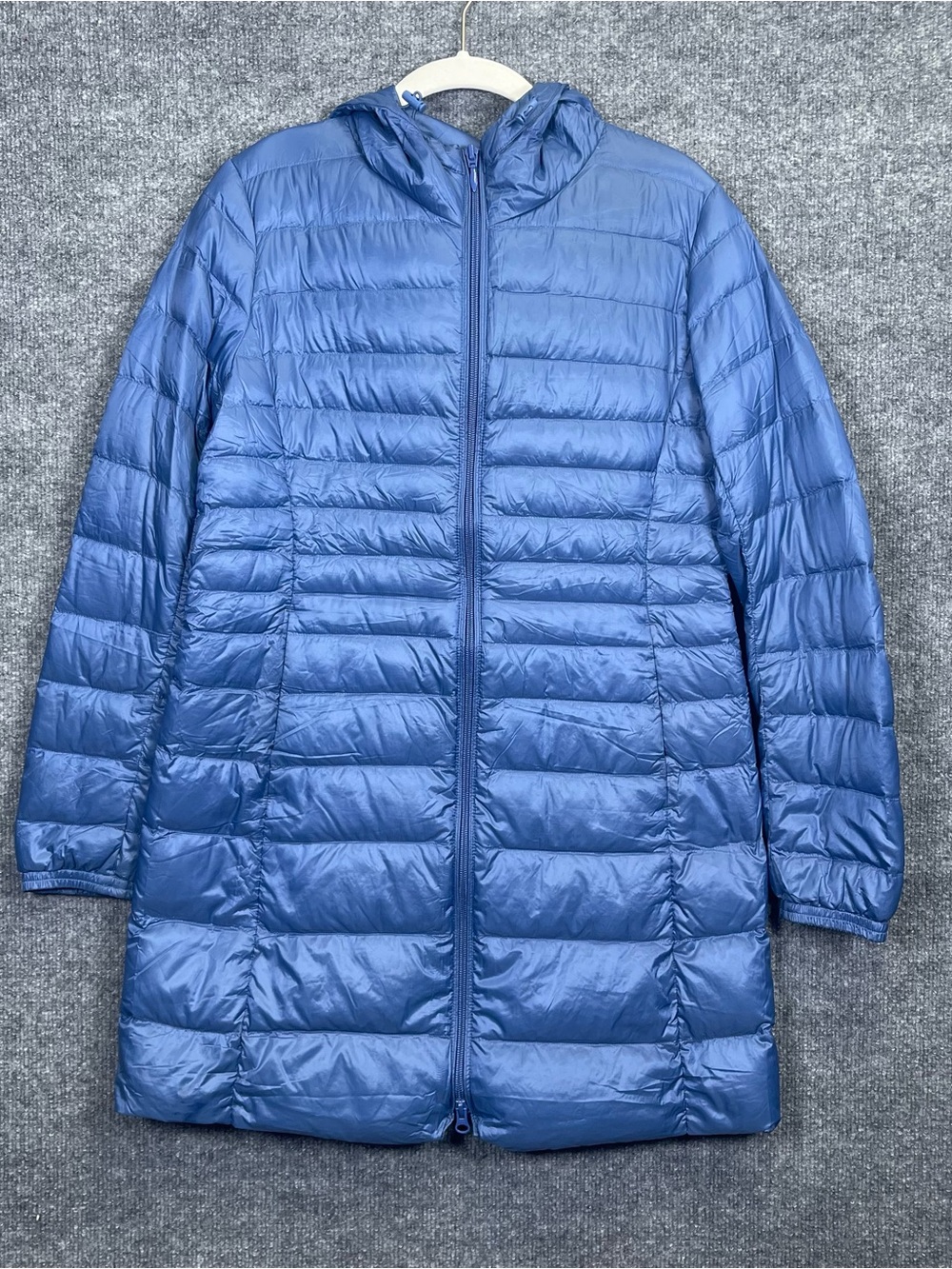 Uniqlo Down Ultra Light Mid Length Hooded Womens Medium Quilted Blue Puffer Coat
